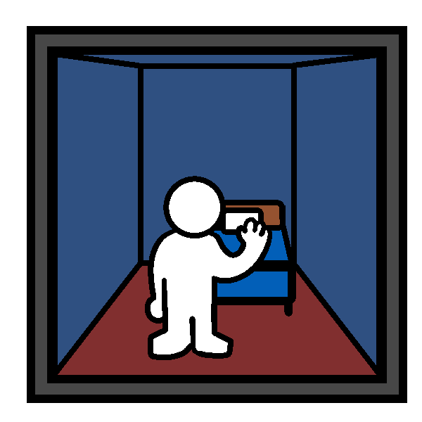 A featureless, white person inside a bedroom with a blue bed.